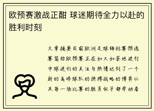 欧预赛激战正酣 球迷期待全力以赴的胜利时刻